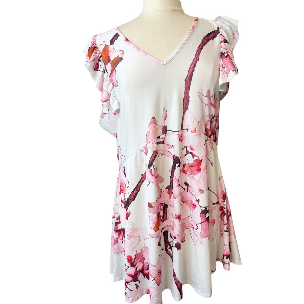Lily by Firmiana Women XL Pink Cherry Blossom Floral Ruffle Sleeve Tunic Top